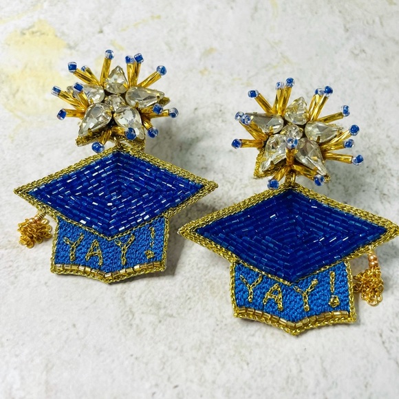 Royal Blue & Gold Graduation Graduate Earrings - Picture 2 of 6